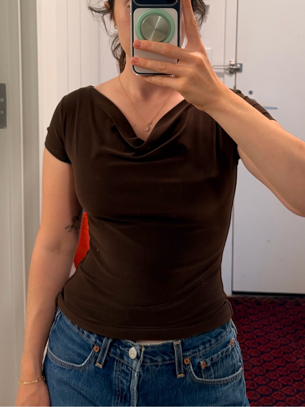 Aritzia Wilfred Brown Draped Neck Short-Sleeve Top